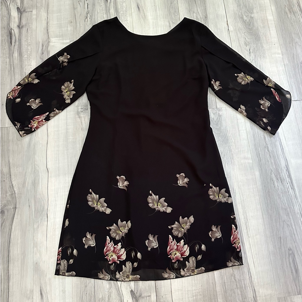 Nwt Grace Karin Lined Chiffon Dress 3/4 Split Sleeve Black Floral Detail Women M